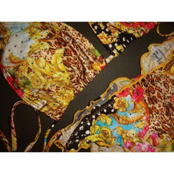Luli Fama XS,S BIKINI brazilian SUPER SEXY 60's yellow pink POPPY crystallized - Picture 2 of 4